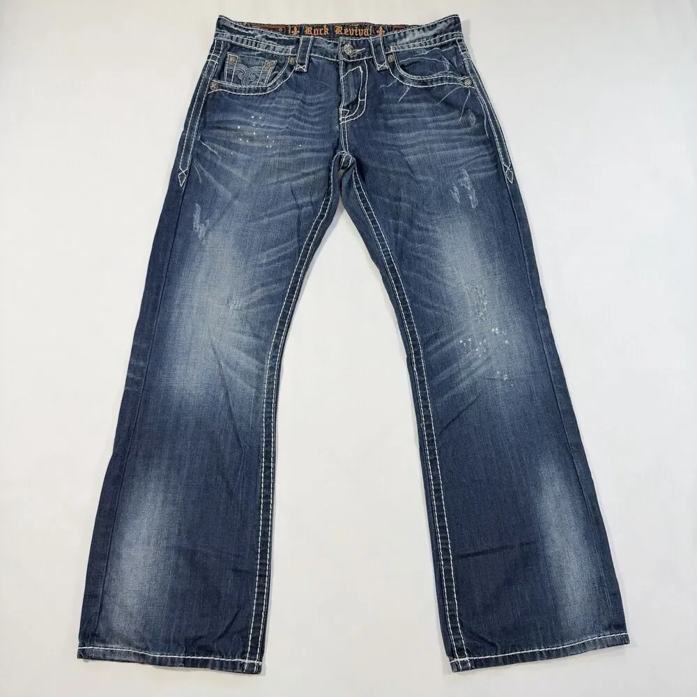 Rock Revival Mason Jeans Sz 33 Blue Distressed Bootcut Denim Y2K Grunge Festival - Picture 2 of 13